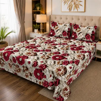 Sale Active 7D Printed Double Bedsheet with 2 Pillow Covers, Floral Print & Cotton Blend