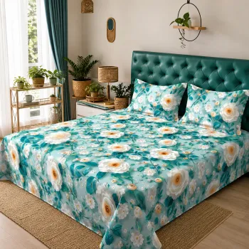Sale Active 7D Printed Double Bedsheet with 2 Pillow Covers, Floral Print & Cotton Blend